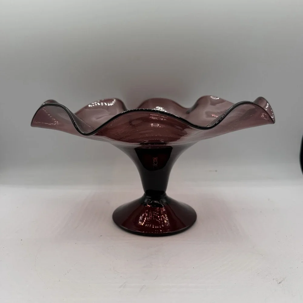 Vintage Handblown Art Glass Amethyst Purple Ruffled Scalloped Edge Compote Dish